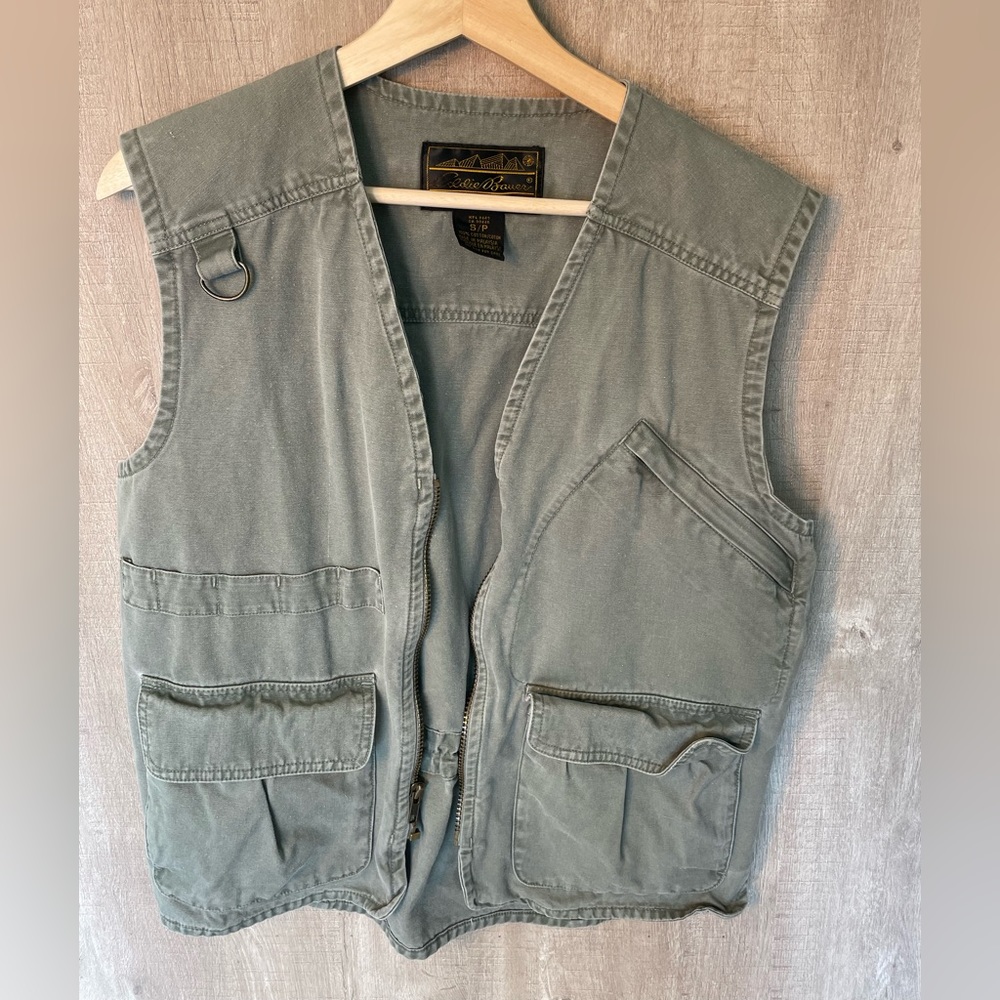 Vintage Eddie Bauer Green Cotton Sleeveless Zip Front Outdoor Utility Vest Sz S